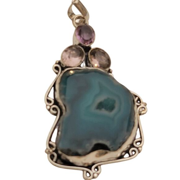 Sterling Silver Geode Pendant Necklace with Amethyst, 20-Inch Natural Jewelry - Picture 1 of 10